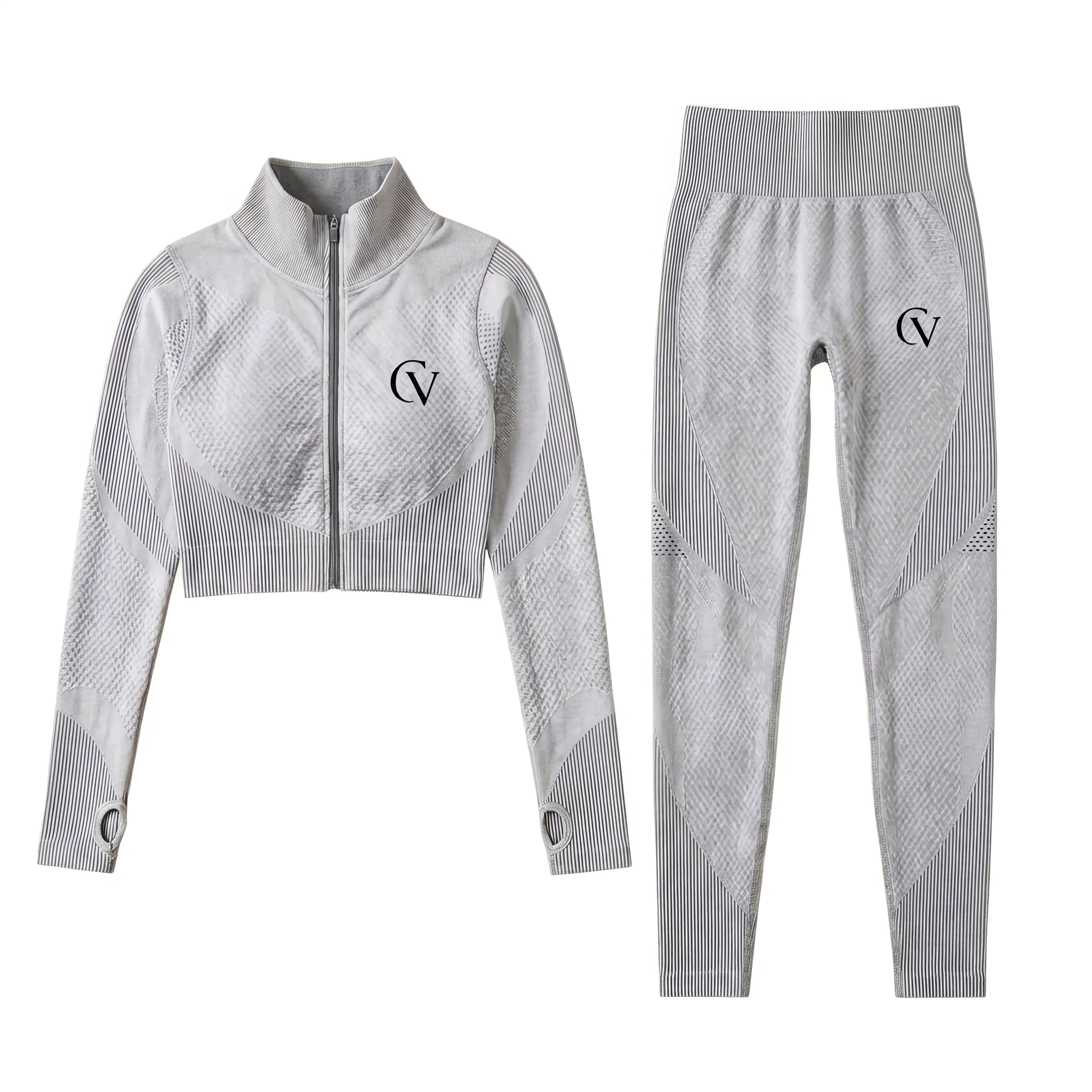Calivium CV Women's Grey Seamless Zip-Up Crop Jacket & Leggings Set