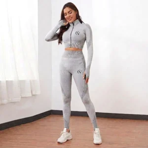 Calivium CV Women's Grey Seamless Zip-Up Crop Jacket & Leggings Set
