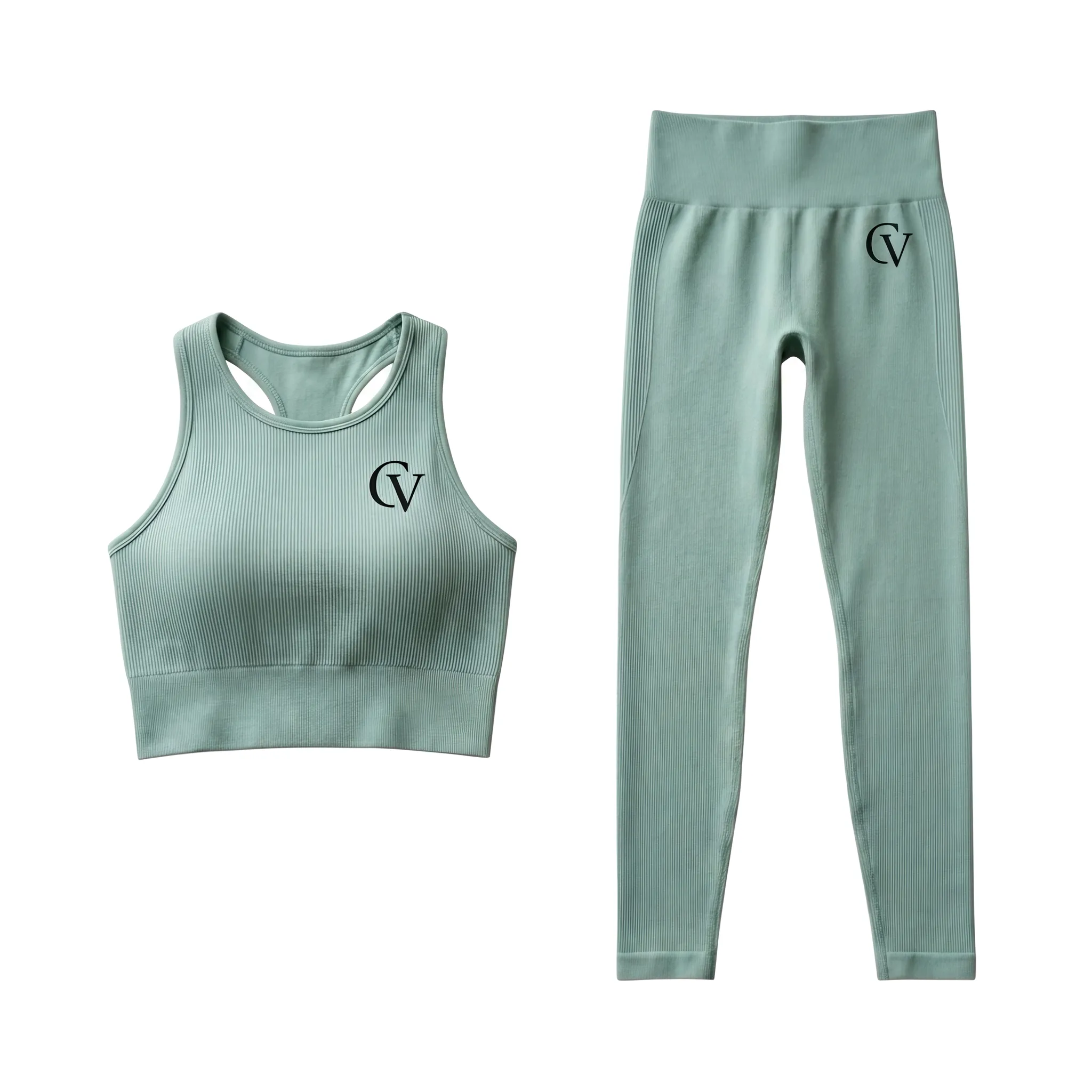 Calivium CV Women's Mint Green Ribbed Sports Bra & High-Waist Leggings Set